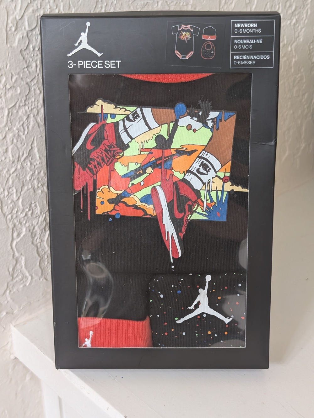 Nike Jordan Baby 3-Piece Set Bodysuit, Hat, Bib Black Basketball 0-6 Month New